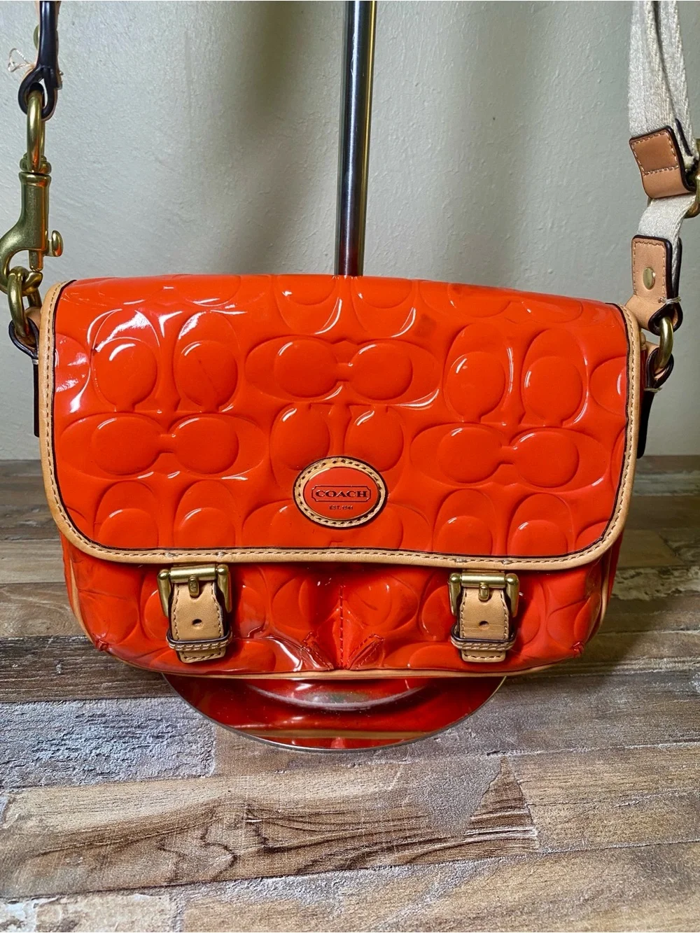 Coach Orange Patent Leather Signature Crossbody with Tan Trim - Picture 1 of 13